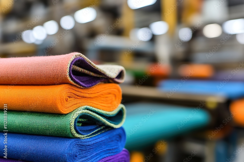Aufkleber a vibrant stack of rolled fabrics in various colors, showcasing texture and depth against a blurred 