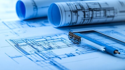 Blueprint displayed on a tablet by an engineer selective focus precise planning vibrant Double exposure with machine components