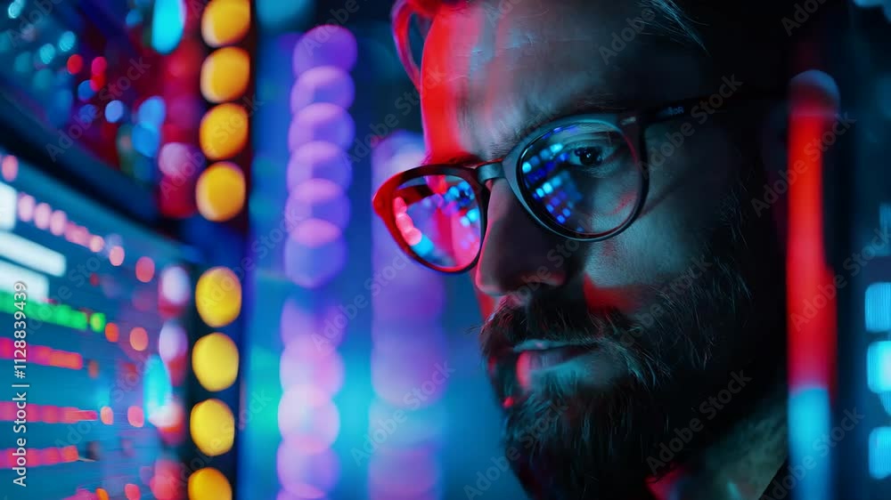 Poster cybersecurity analyst monitoring data streams in a neonlit server room