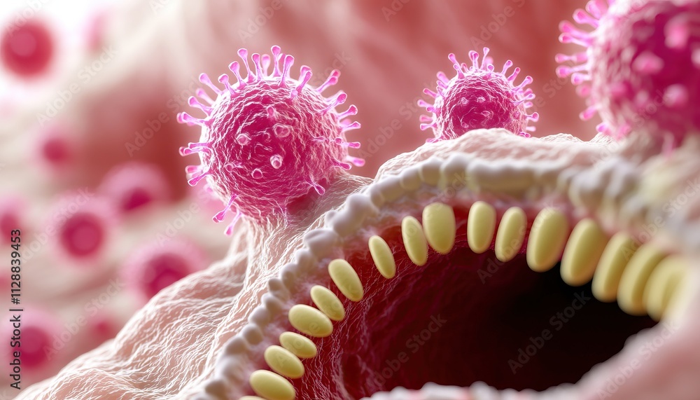 Poster a close-up view of cells with pink virus-like structures, showcasing intricate biological textures a