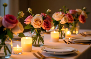 Obraz premium Beautifully decorated table with roses and candles, designed to create a serene ambiance for special occasions, suitable for hospitality or decor advertising. Selective focus