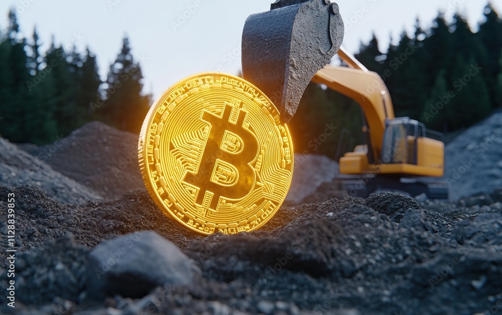 Aufkleber a digger is unearthing a glowing bitcoin in a forested area, symbolizing cryptocurrency mining and t