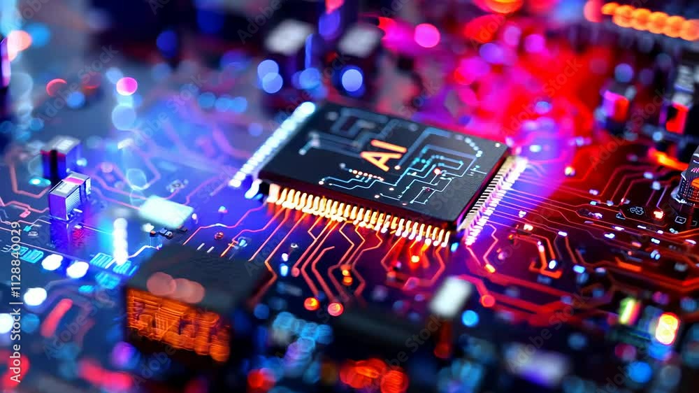 Poster futuristic ai circuit boards illuminated with dynamic neon lights