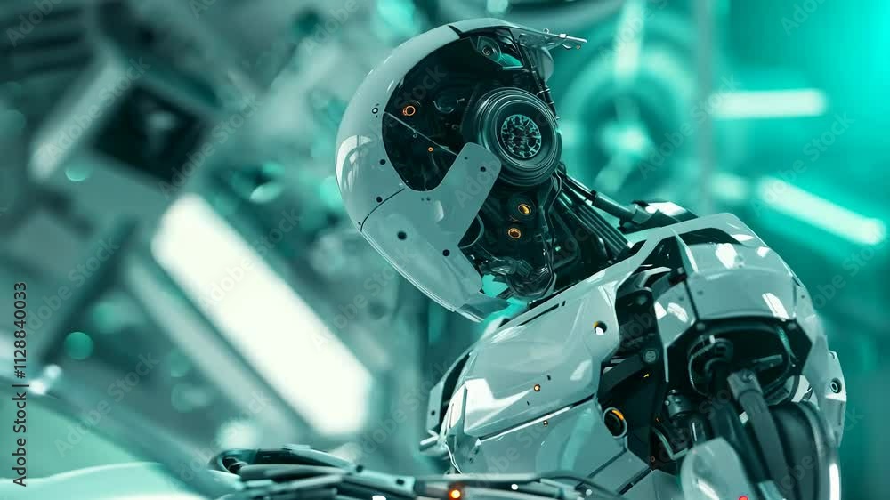 Poster futuristic robot in hightech lab engages in thoughtful process amidst neon glow