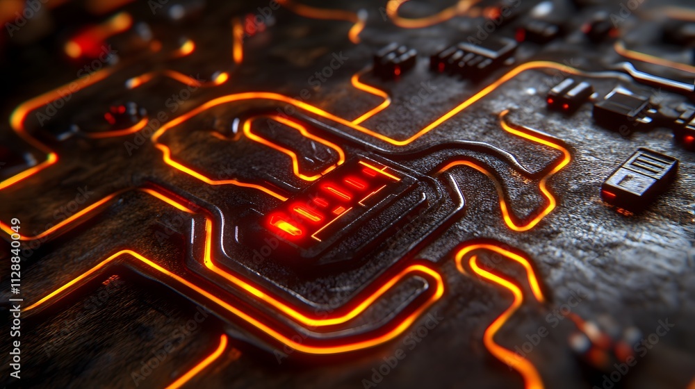 Poster glowing circuit board with red leds.