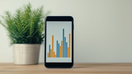 Analyzing bar graph data on smartphone office workspace visual content modern environment close-up perspective