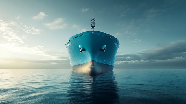 A colossal blue cargo ship dominates the seascape, its massive form captured in a frontal view. Engrossed in vital cargo exchange operations, the vessel plies the horizon