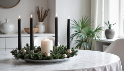Minimalist candle arrangement with black and white accents on a marble dining table