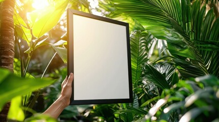 Blank Picture Frame Surrounded by Lush Green Tropical Leaves