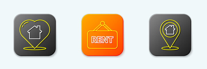 Set line House with heart shape, Hanging sign Rent and Location house icon. Vector