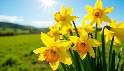 Fototapeta premium Spring daffodils blooming in a sunny field with a bright blue sky and rolling hills