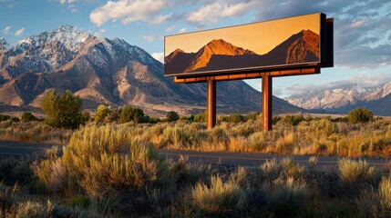 Scenic Mountain Landscape with Billboards at Sunset