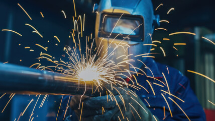 A male welder of Asian descent performing a welding task, creating bright sparks in a dark workshop environment with intense focus and precision.