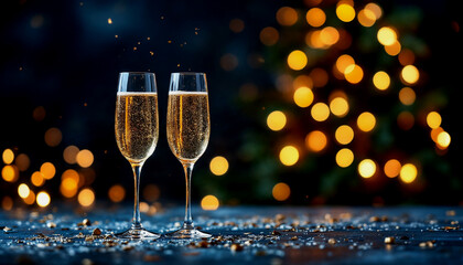 banner to honor  Two champagne glasses on a dark blue backdrop featuring a Christmas tree adorned with bokeh lights, confetti, glitter, and sparkles. Concept for a Christmas event with text copy space