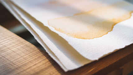 Close-up of textured paper with a subtle watercolor stain, reflecting creative materials and artistic expression.