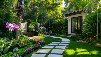 Fototapeta premium Bangkok tropical garden with orchids and water features, vibrant Thai sanctuary