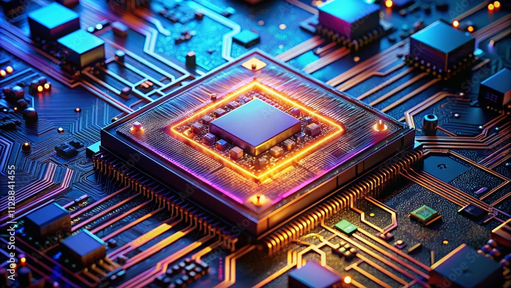 Poster close-up of a microprocessor on a circuit board in low light, highlighting intricate details and glo