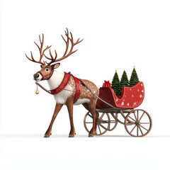 reindeer pulling festive sleigh with Christmas trees, creating joyful holiday scene. Perfect for seasonal decorations and celebrations