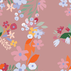 A seamless floral pattern featuring blooms and leaves on a coral pink background, perfect for print, fabric and wrapping paper