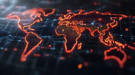 Glowing digital world map with data streams.