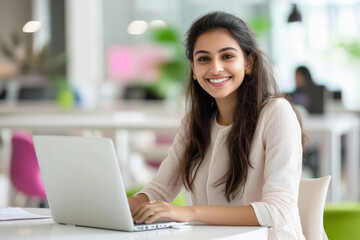 young indian business woman working on laptop at office