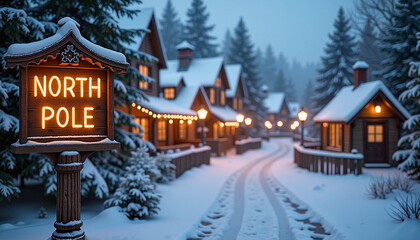 Fototapeta premium Charming North Pole sign with a snowy village illuminated at twilight