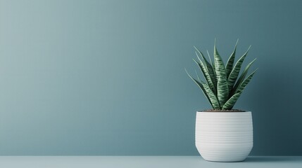 Minimalist Green Plant in White Pot Against Soft Blue Wall for Modern Home Decor and Interior Design Inspiration