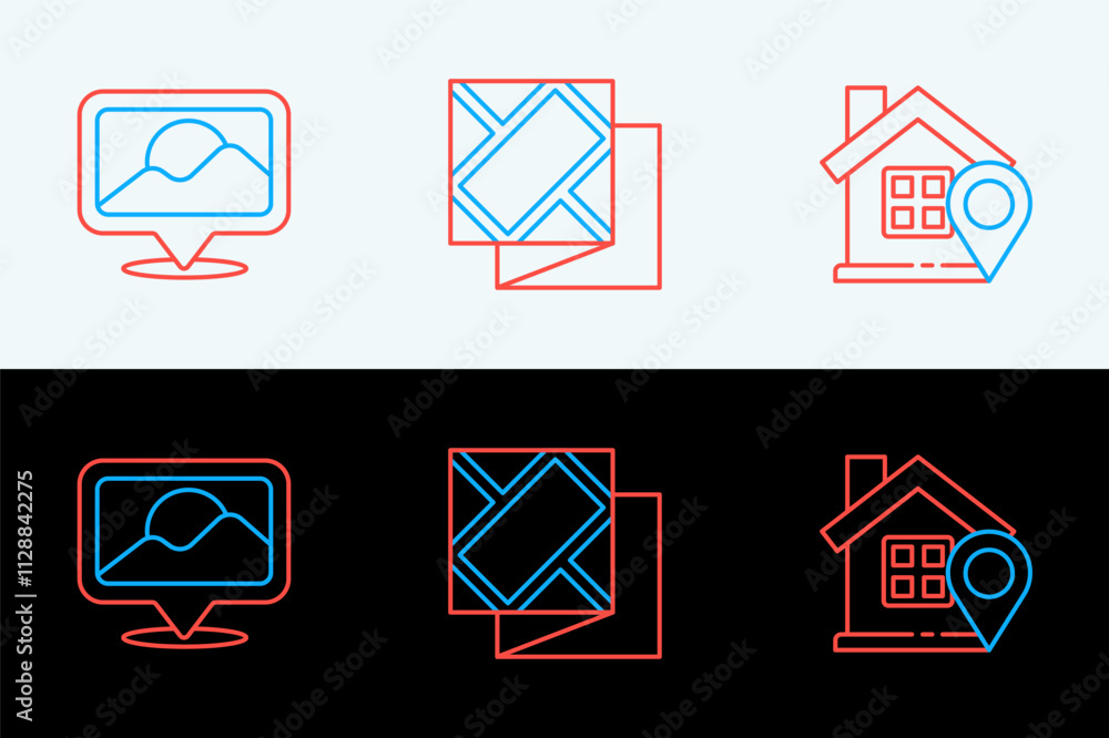 Poster set line location with house, and folded map icon. vector