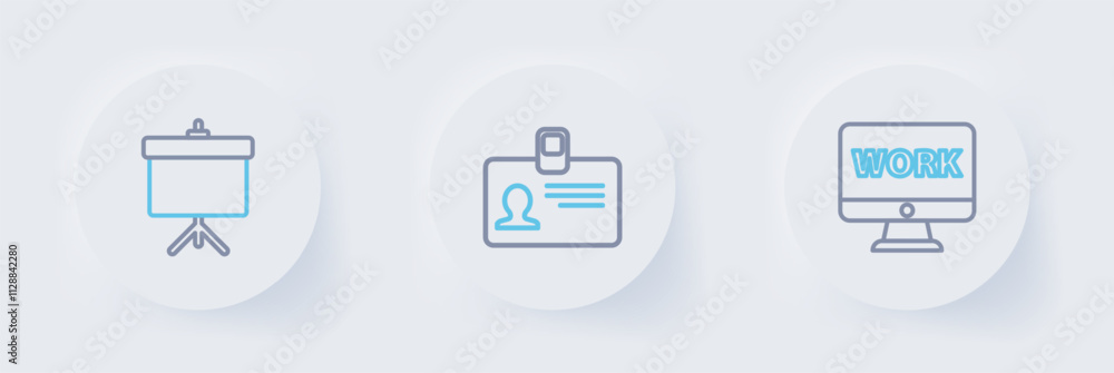Poster set line monitor with text work, identification badge and chalkboard diagram icon. vector