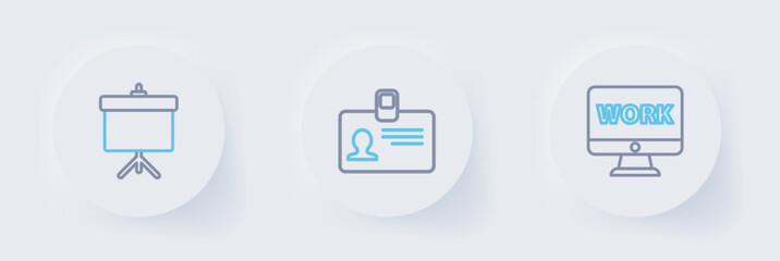 Set line Monitor with text work, Identification badge and Chalkboard diagram icon. Vector