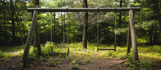 Abandoned Playground Rustic Swing Set in Forest, Concept of Solitude, Nostalgia