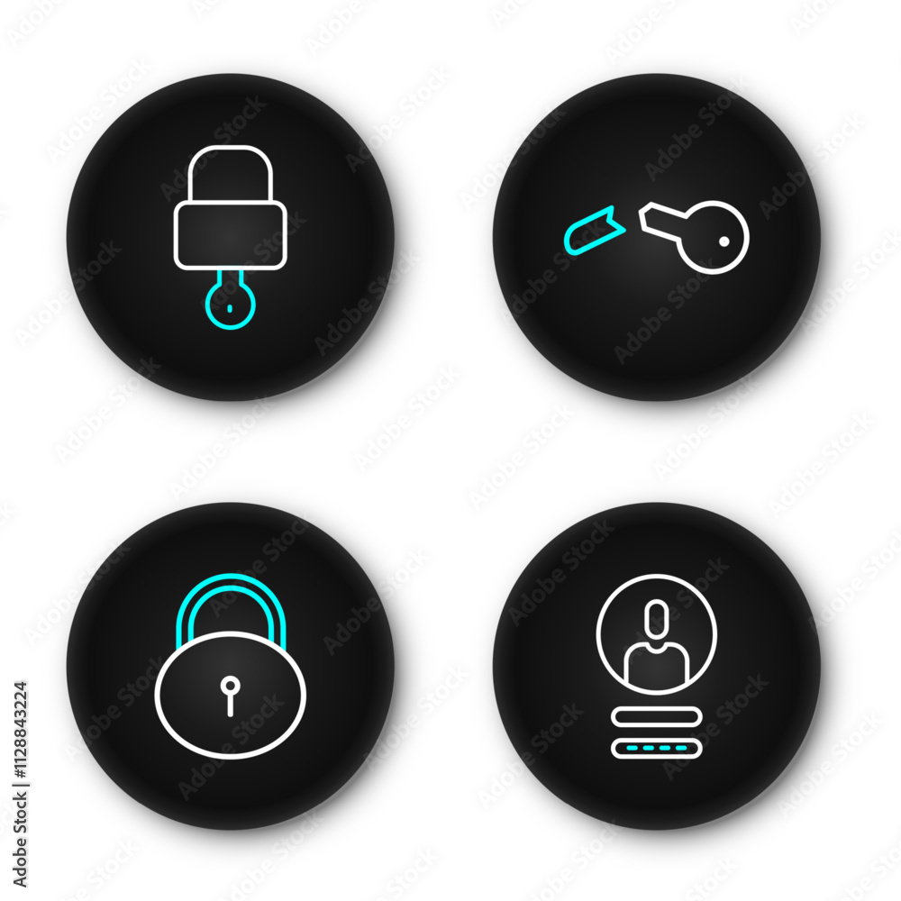 Poster set line create account screen, lock, broken key and and icon. vector