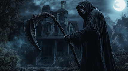 Obraz premium Scary horror grim reaper with scythe angle of death background