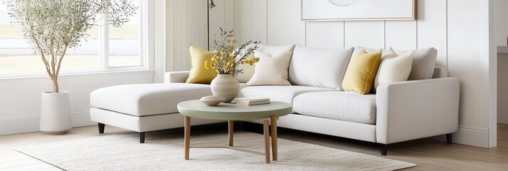 Living room with gray sectional sofa and pastel pillows