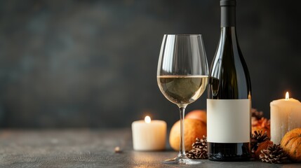 Elegant White Wine Bottle with Glass Surrounded by Candles and Autumn Decor on Rustic Table