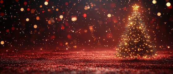 Naklejka premium Christmas Tree, Shimmering Ornaments, Confetti Background, Deep Red Gradient for Holiday Cards, Advertisements, or Festive Content