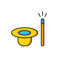 Color Magic hat and wand icon isolated on white background. Magic trick. Mystery entertainment concept. Flat filled outline style with shadow. Vector