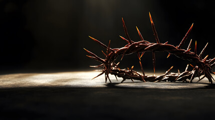Fototapeta premium The crown of thorns of Jesus displayed against a black background, illuminated by window light, ideal for a Christian-themed Easter concept.