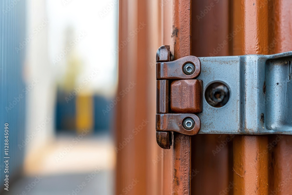 Poster close-up of rusty hinge on a container door with industrial background blur