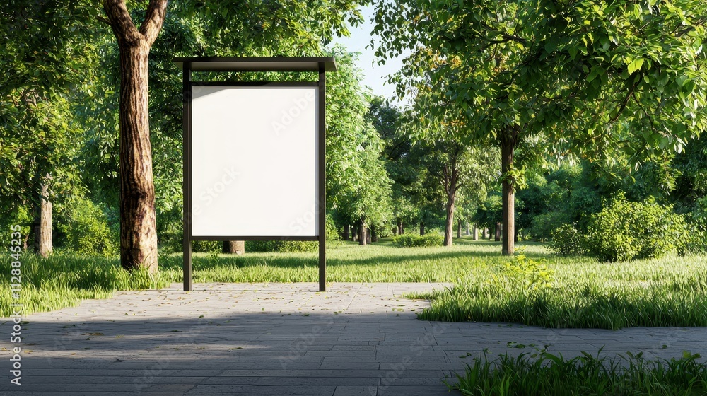 Aufkleber empty billboard on a serene pathway in a lush green park