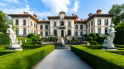 Fototapeta premium Florence Italian Renaissance garden with stone statues and terraced hedges, historic cultural haven