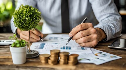 Business analyst reviewing variable expense trends selective focus cost efficiency vibrant Double exposure with financial graphs