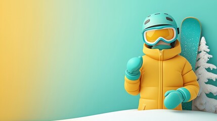 A cartoon character in a yellow jacket is holding a snowboard