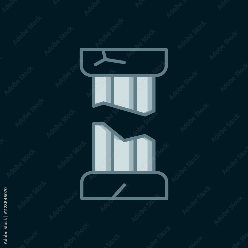 Poster line broken ancient column icon isolated on black background. flat filled outline style with shadow.