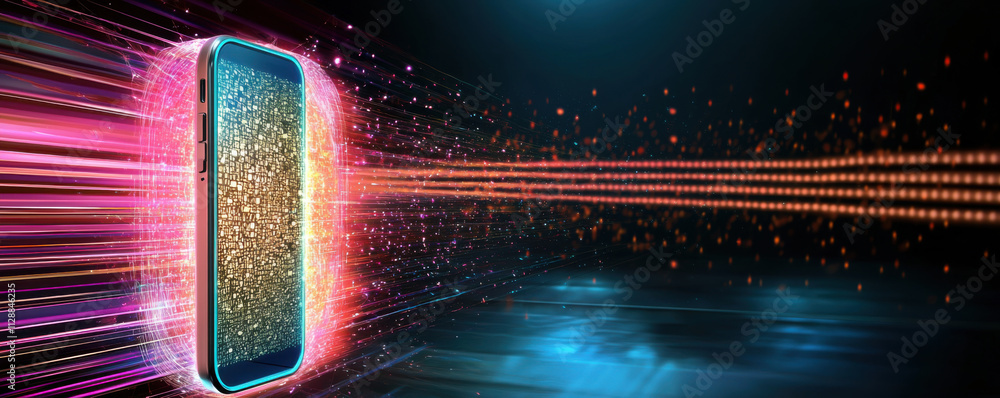 Poster spam call and phone filter concept. digital smartphone with glowing data streams and vibrant colors