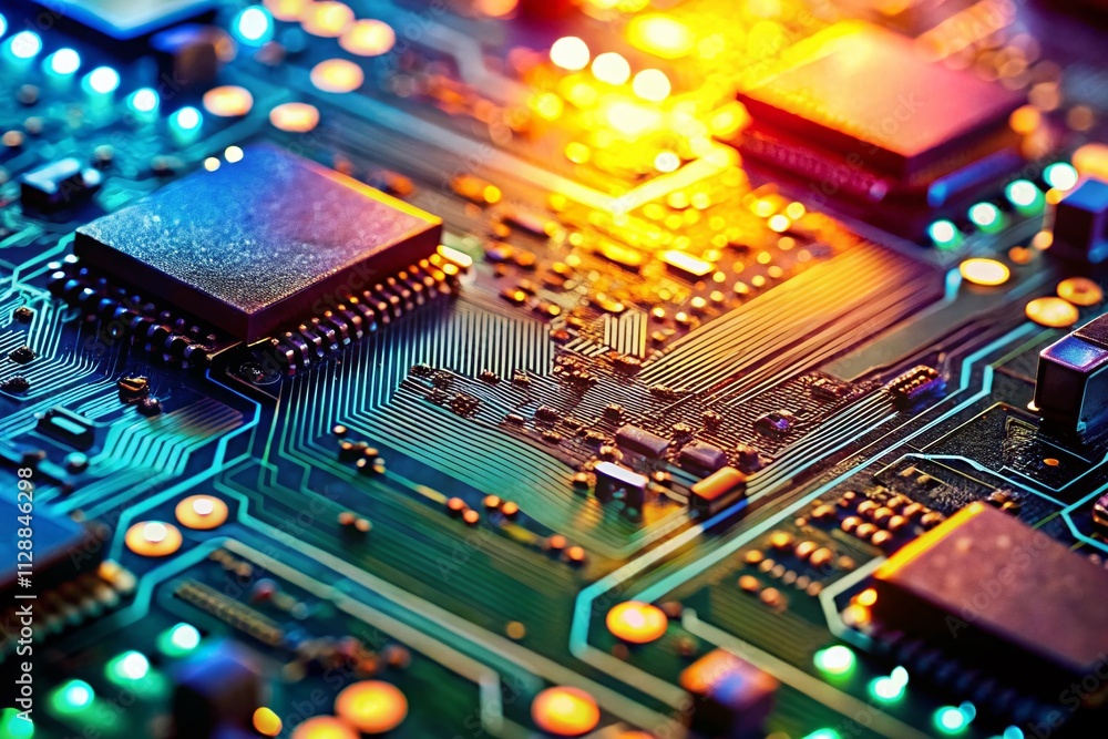 Poster close-up of a printed circuit board in a printing studio with copy space for technology innovations 