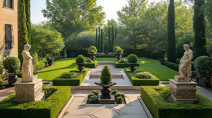 Obraz premium Florence Italian Renaissance garden with stone statues and terraced hedges, historic cultural haven