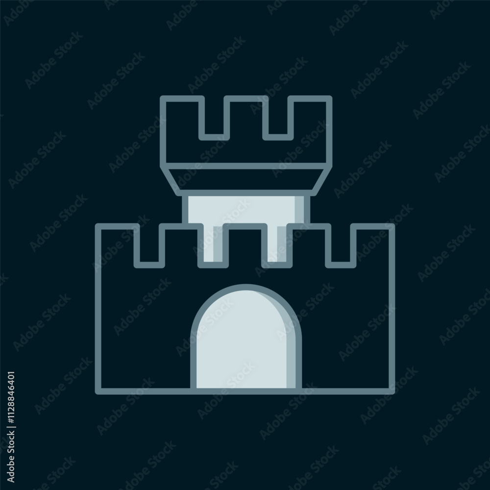 Poster line castle icon isolated on black background. medieval fortress with a tower. protection from enemi