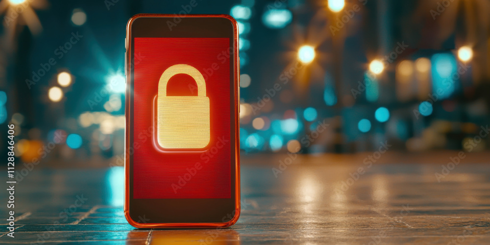 Poster spam call and phone filter concept. digital art of phone displaying lock symbol, symbolizing securit