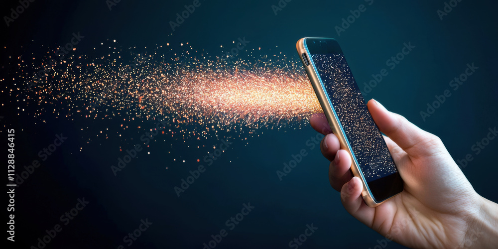 Poster spam call and phone filter concept. digital art of phone emitting sparkling particles, symbolizing s